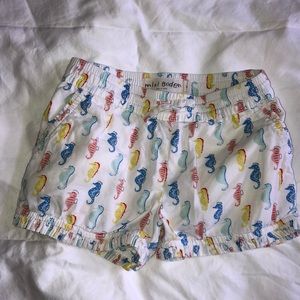 Mini Boden Frill Hem Shorts-Sea Horse Print, 3T